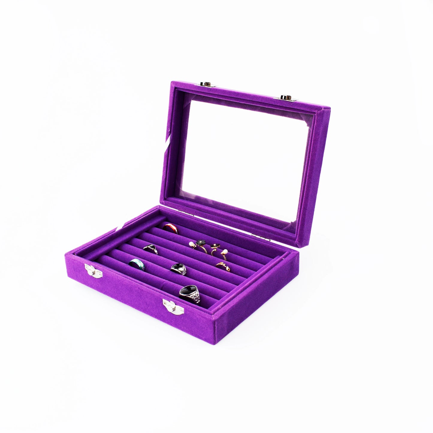 SZanbana Purple 7Slots Velvet Ring Display Box Earring Organizer Jewelry Tray Cufflink Storage & Show Case With Clear Glass lid