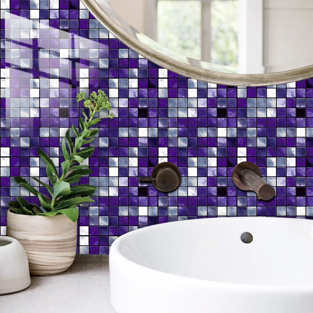 10pcs Purple Mosaic Hard Tiles Sticker Flat Printed in 2d Transfers Cover for Kitchen Bathroom Wallpaper Peel & Stick Wall Decal