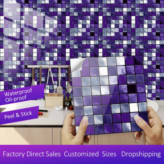 10pcs Purple Mosaic Hard Tiles Sticker Flat Printed in 2d Transfers Cover for Kitchen Bathroom Wallpaper Peel & Stick Wall Decal