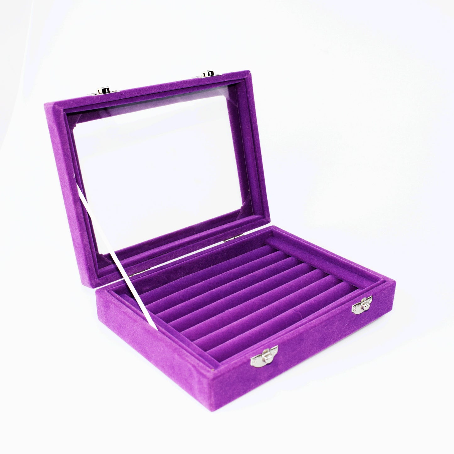 SZanbana Purple 7Slots Velvet Ring Display Box Earring Organizer Jewelry Tray Cufflink Storage & Show Case With Clear Glass lid