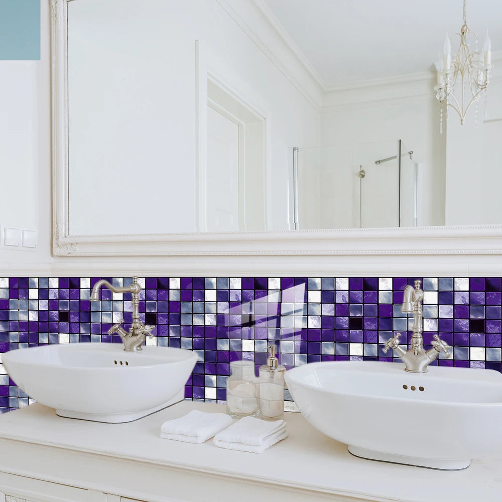 10pcs Purple Mosaic Hard Tiles Sticker Flat Printed in 2d Transfers Cover for Kitchen Bathroom Wallpaper Peel & Stick Wall Decal