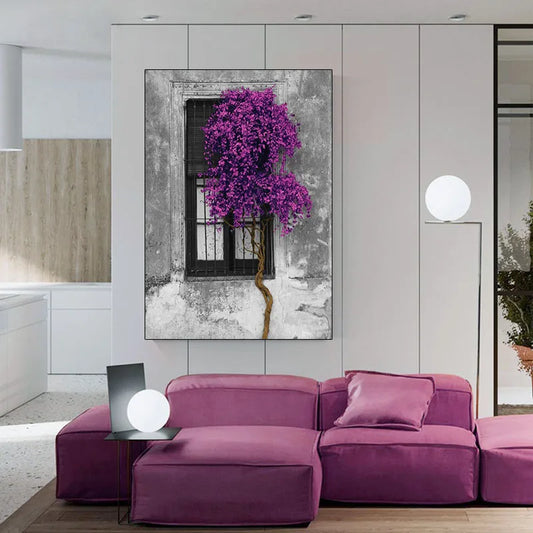 Tree in Front of Window Green Purple Color Canvas Painting Landscape Pictures for Living Room Home Wall Art Decoration No Frame
