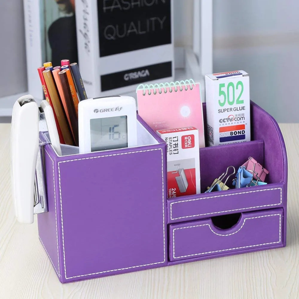 XRHYY Purple 3 Storage Compartments PU Leather Office Desktop Organizer Stationery Box Collection Business Card/Pen/Pencil