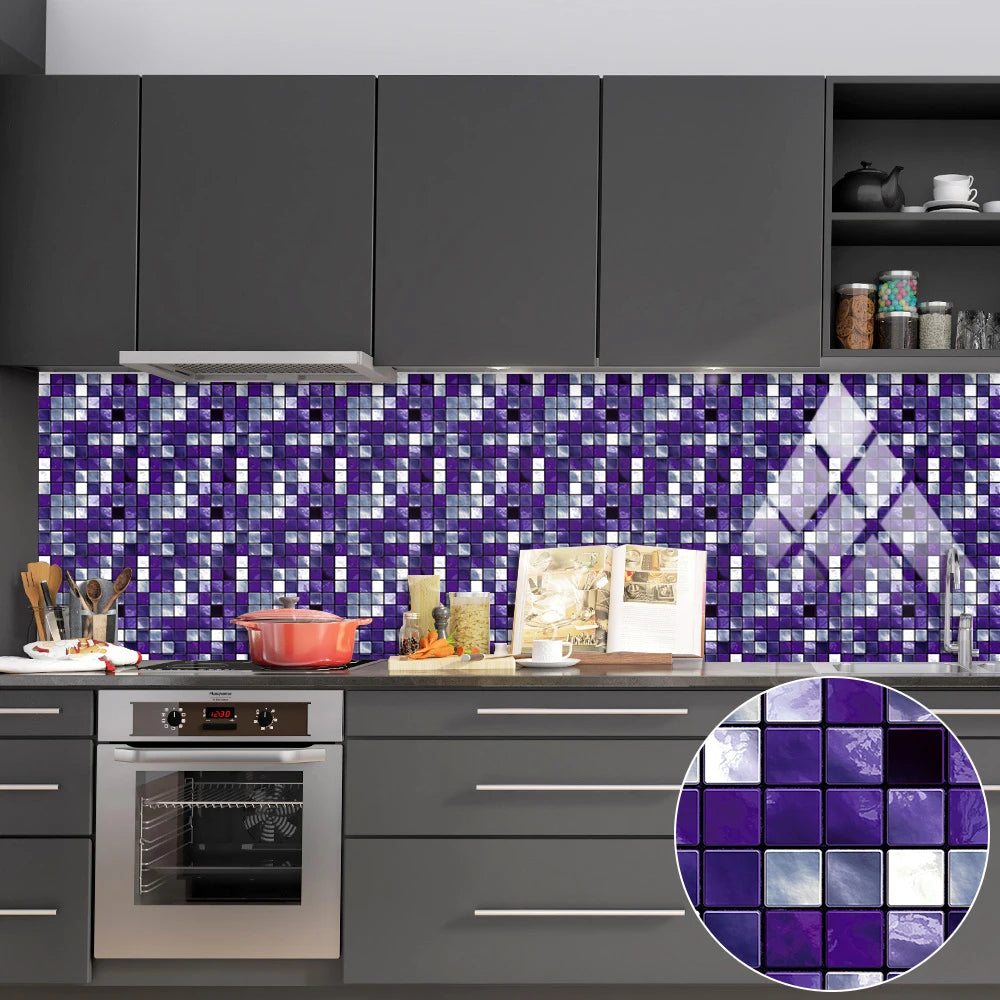 10pcs Purple Mosaic Hard Tiles Sticker Flat Printed in 2d Transfers Cover for Kitchen Bathroom Wallpaper Peel & Stick Wall Decal