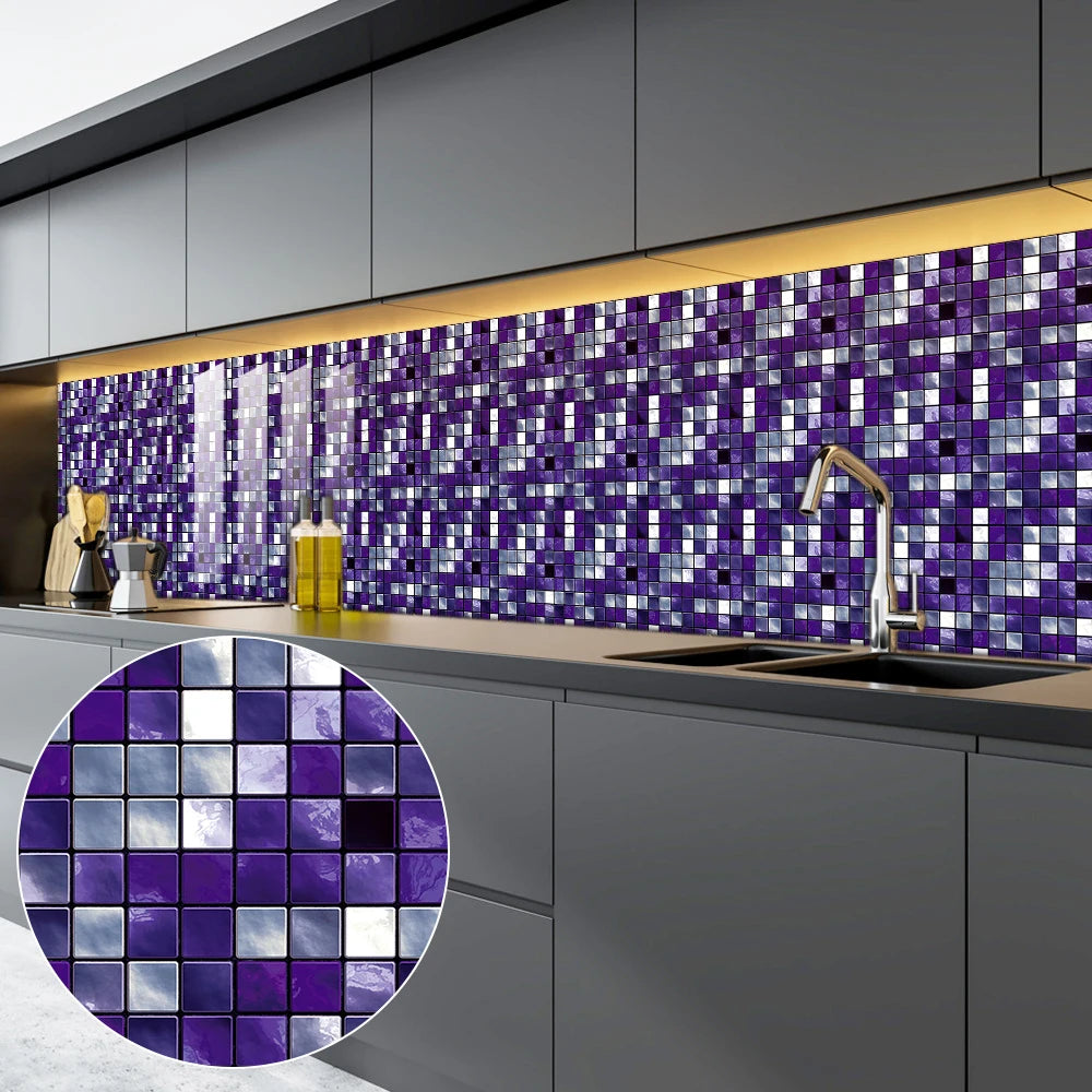 10pcs Purple Mosaic Hard Tiles Sticker Flat Printed in 2d Transfers Cover for Kitchen Bathroom Wallpaper Peel & Stick Wall Decal