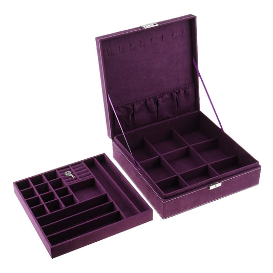 Two-Layer Velvet Box Earrings Necklace Bracelet Jewelry Case Storage Organizer with Key Red/Purple/Blue 26 x 26 x 8cm