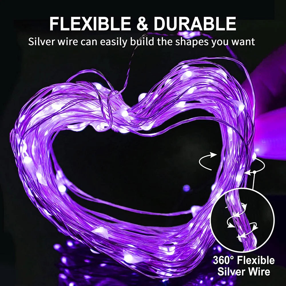 30/50/100LED Copper Wire String Lights Battery Powered Halloween Purple Fairy Light Indoor Wedding Christmas Garland Party Decor