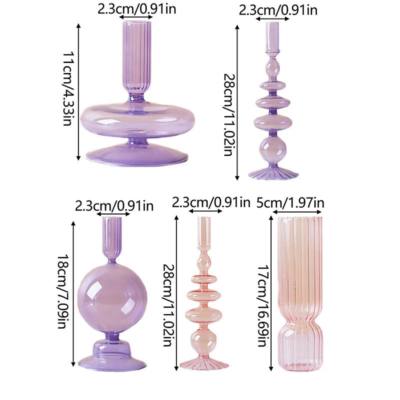 One-piece Purple Glass Flower Vase and Pink Candle Holder, Crafted for Wedding, Birthday Party, or Dinner Table Centerpiece Decoration