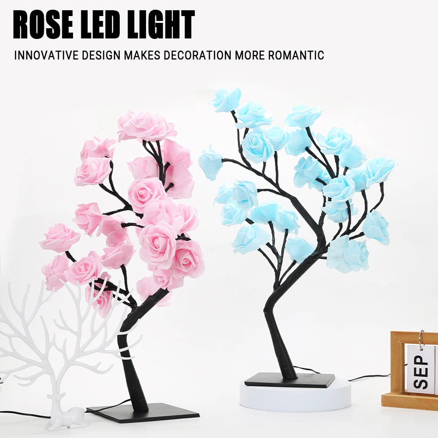 Purple 24 LED Rose Tree Lights USB Plug Table Lamp Fairy Flower Night Light For Home Party Christmas Wedding Bedroom Decoration