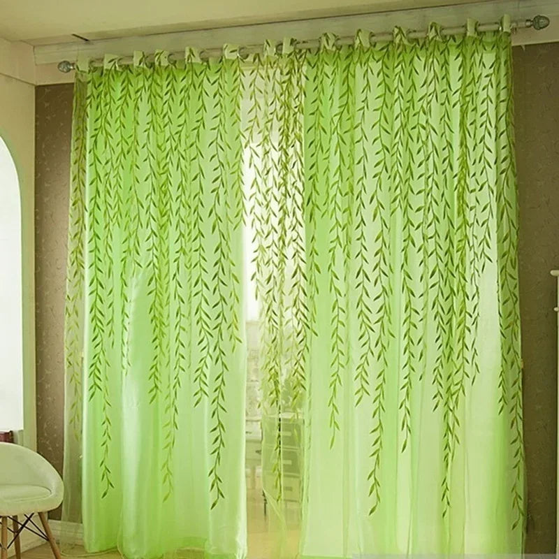 Wicker Style Purple Green Transparent Curtains Leaves Curtains Pastoral Style Floral Window Decorative for Bedroom Living Room
