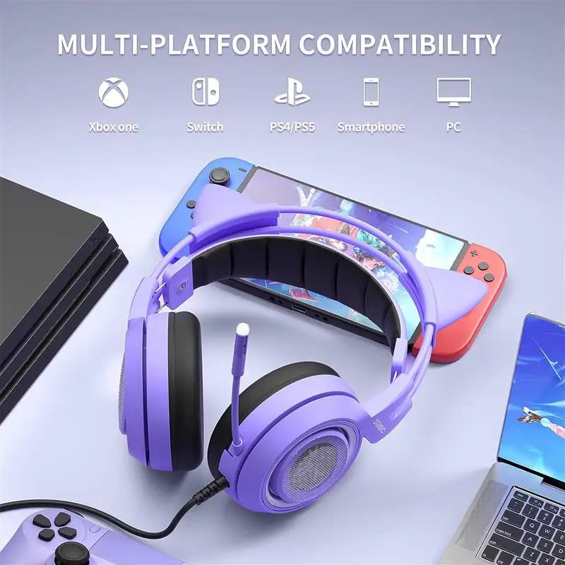 SOMIC G951S Purple Stereo Gaming Headset with Mic for PS4, PS5, Xbox One, PC, Phone, Detachable Cat Ear 3.5MM Noise Reduction