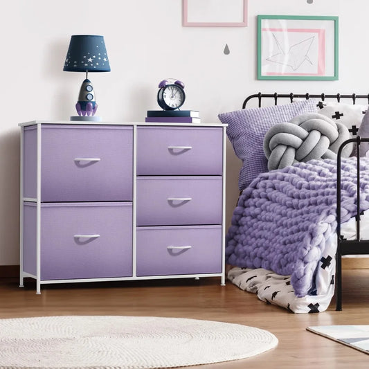 5-Drawer Dresser - Nightstand End Table for Home, Bedroom, Dorm (Pastel Purple), Versatile Storage Closet, Free Shipping