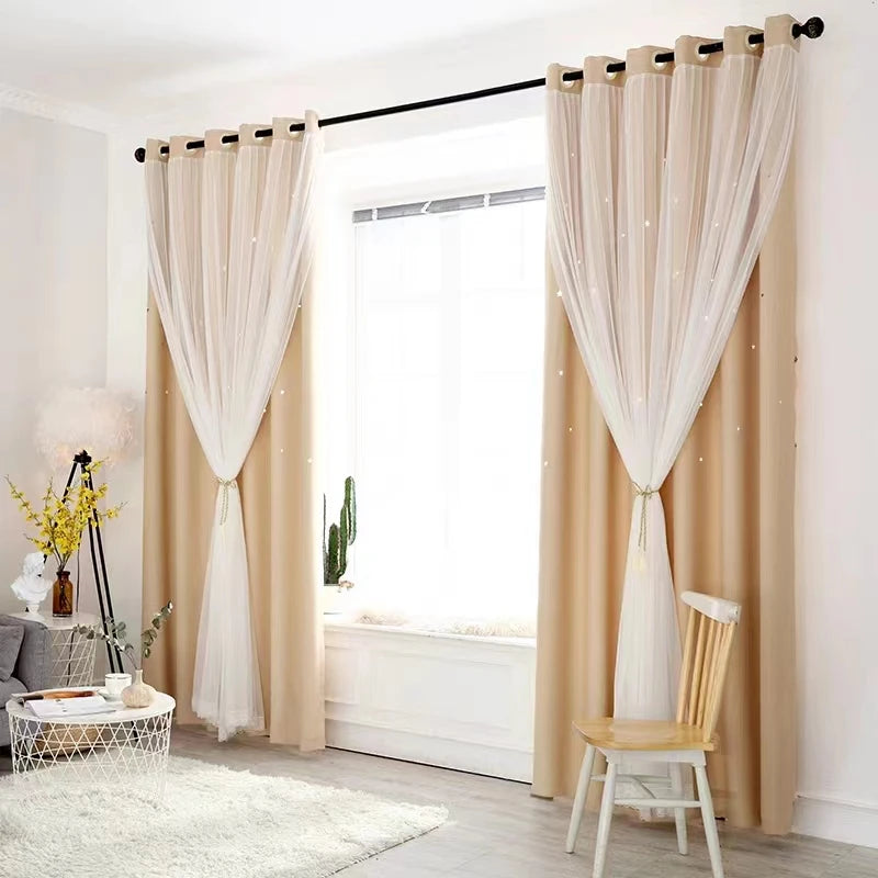 Free Customization Kids Curtain Hollow-Out Stars Window Curtain Double Layer Sheer Blackout Curtains for Girls Bedroom Kids Room