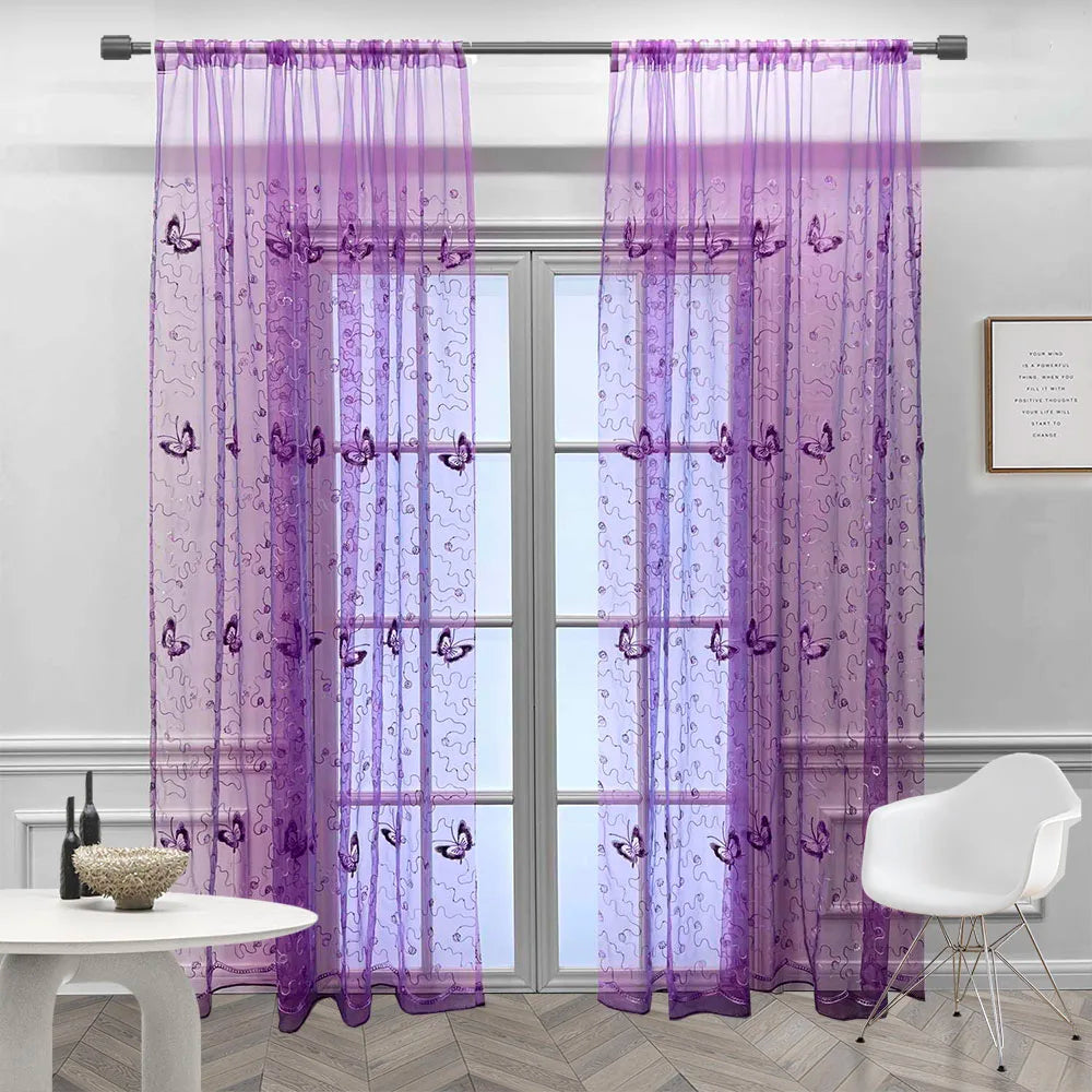 Romantic Modern Embroidered Sequins Butterfly Rustic Sheer Purple Voile Curtains for Living Room Bedroom Kitchen   344&C