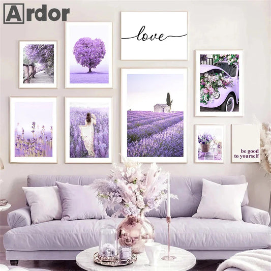 Purple Life Tree Lavender Coast Girl Canvas Painting Vintage Car Bike Cafe Wall Art Posters And Prints Picture Living Room Decor
