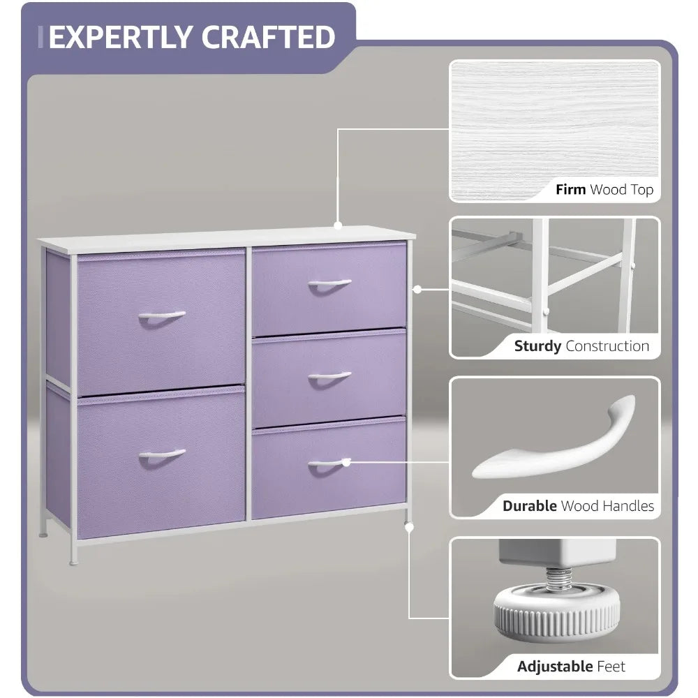 5-Drawer Dresser - Nightstand End Table for Home, Bedroom, Dorm (Pastel Purple), Versatile Storage Closet, Free Shipping