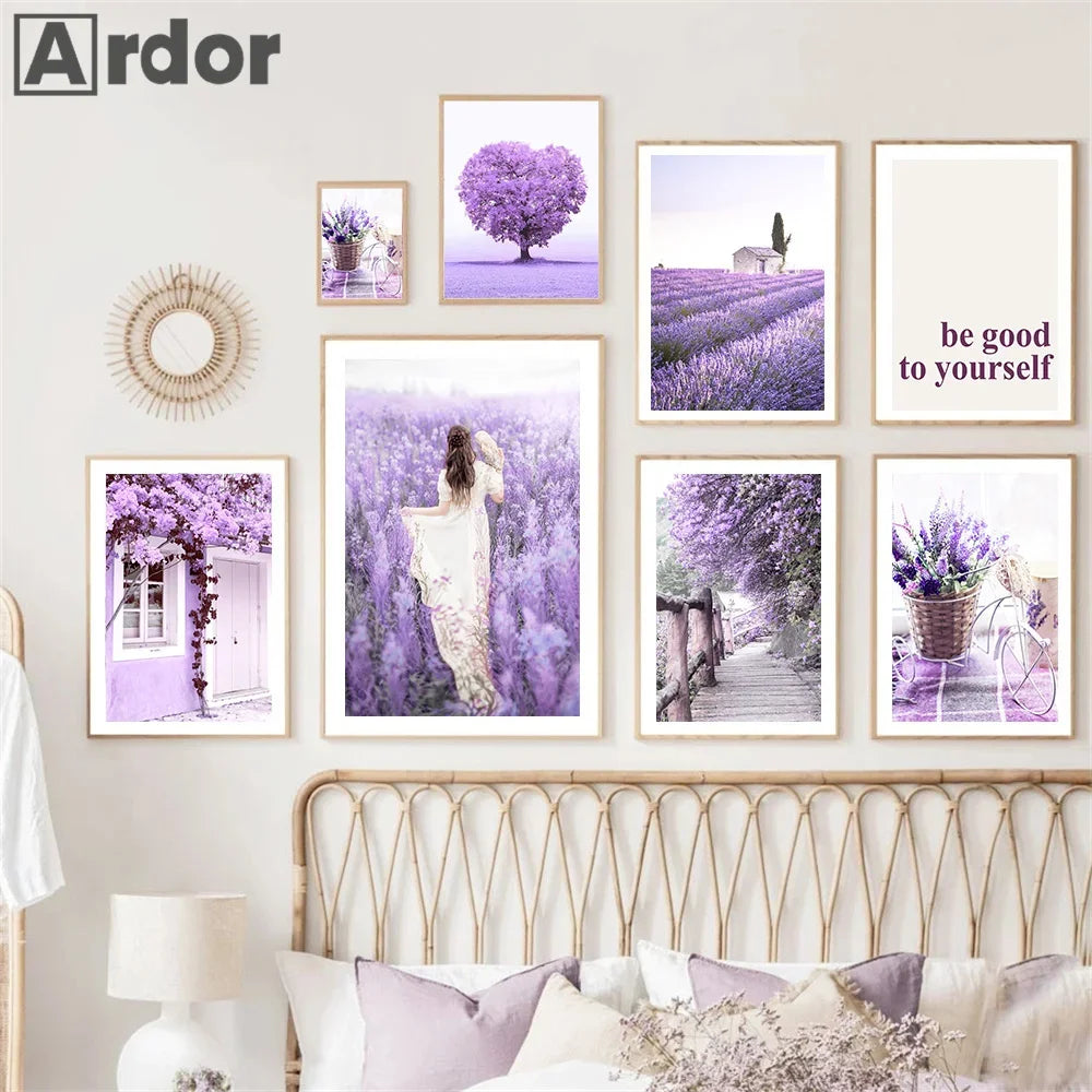 Purple Life Tree Lavender Coast Girl Canvas Painting Vintage Car Bike Cafe Wall Art Posters And Prints Picture Living Room Decor