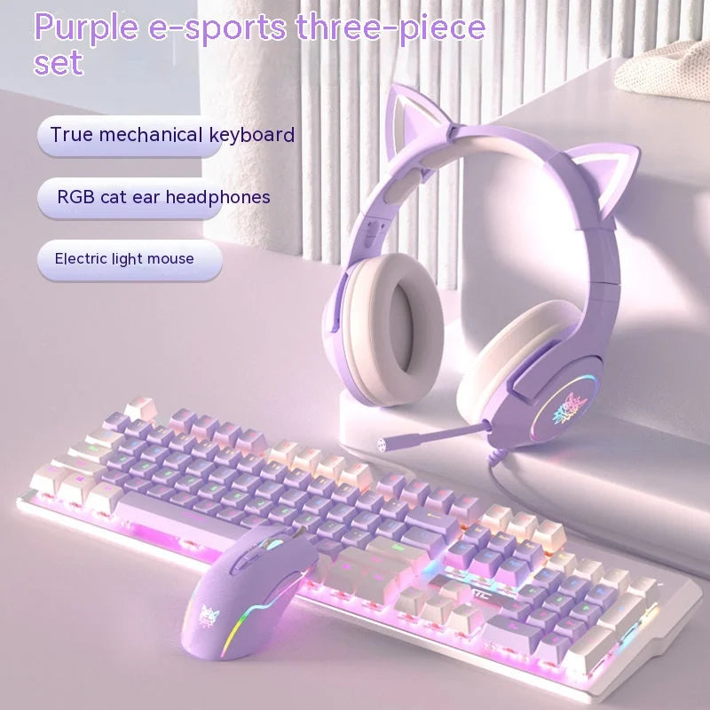 Fantasy Purple Mechanical Keyboard Mouse Earphone Set Wired Blue Axis 104 Keys Aluminum Alloy Panel Gifts For Esports Games