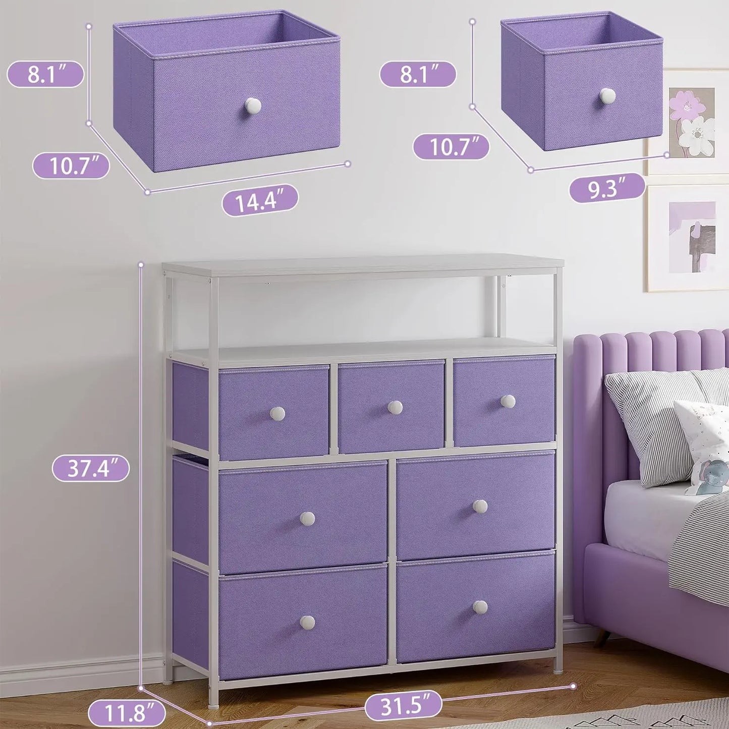 Purple Dresser with 7 Drawers and 2 Shelves, TV Stand Dresser with Wooden Top and Metal Frame, Tall Dressers & Chest of Drawers