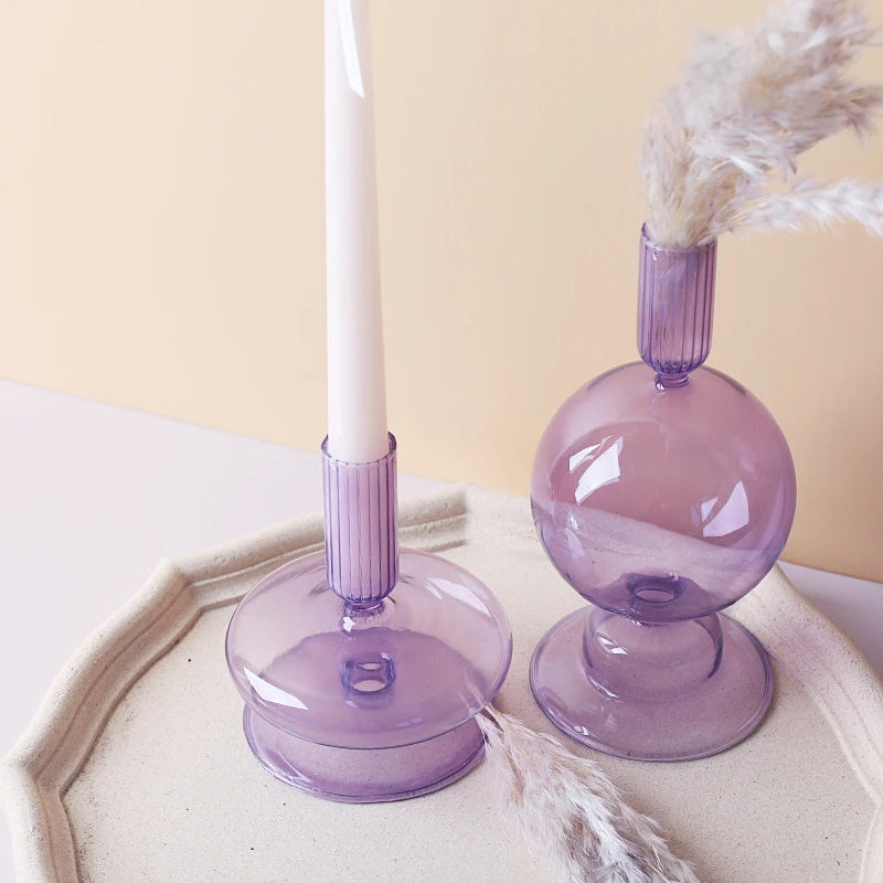One-piece Purple Glass Flower Vase and Pink Candle Holder, Crafted for Wedding, Birthday Party, or Dinner Table Centerpiece Decoration