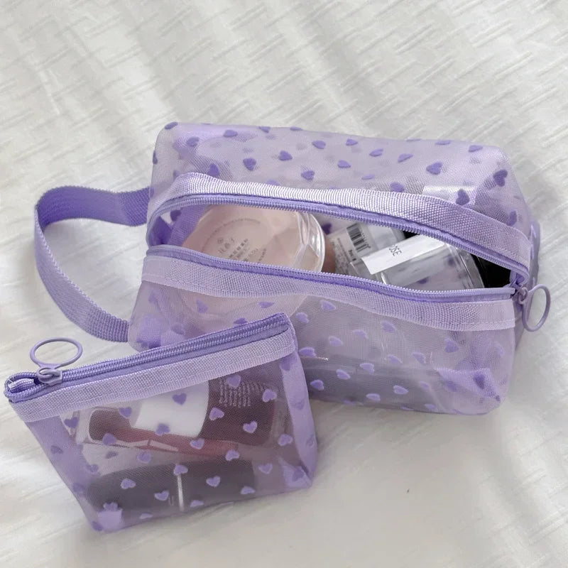 Heart Printed Mesh Make Up Bag Women Cosmetic Storage Bag Travel Organizer Holder Purse Purple Clear Sanitary Napkin Pad Bags