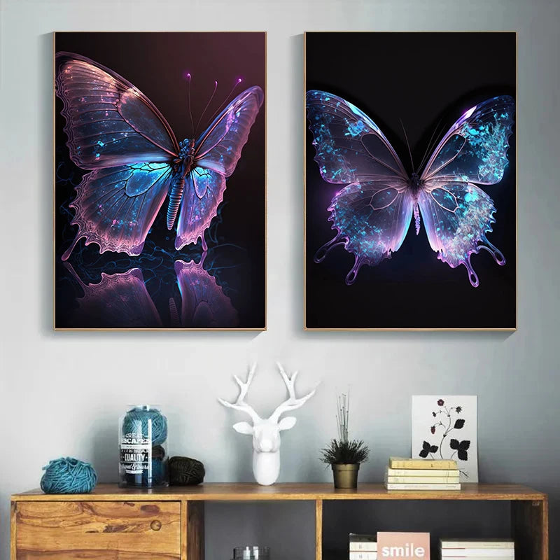 Colorful Pink Purple Butterfly Poster Abstract Glowing Butterfly Wings Print Canvas Painting Living Room Decor Wall Art Pictures