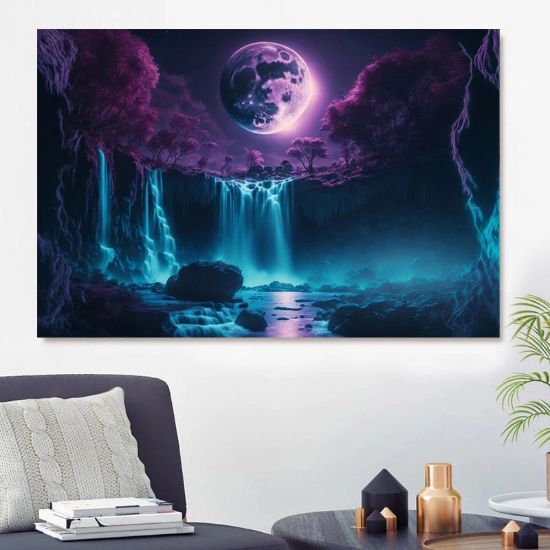 Tree in the Middle of a Body of Water Canvas Painting, Magic Full Moon Posters and Prints, Purple Waterfall Wall Art, Room Decor