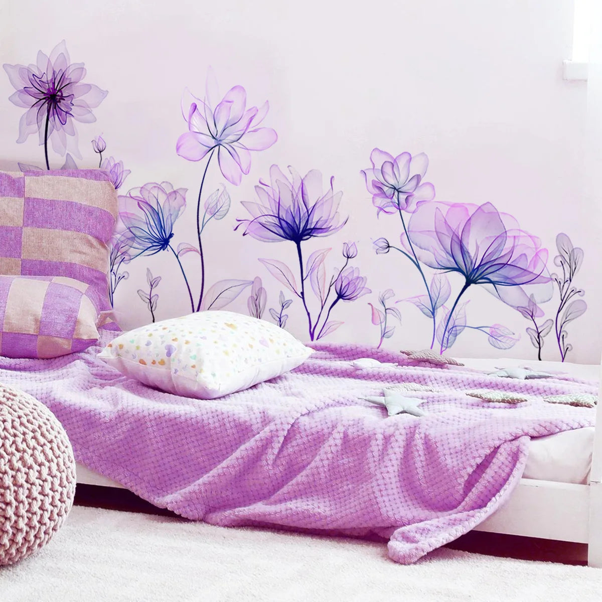 Beautiful Purple Flower Wall Stickers for Living Room Bedroom Decoration Girls Room Background Wall Decals Wallpaper PVC Murals