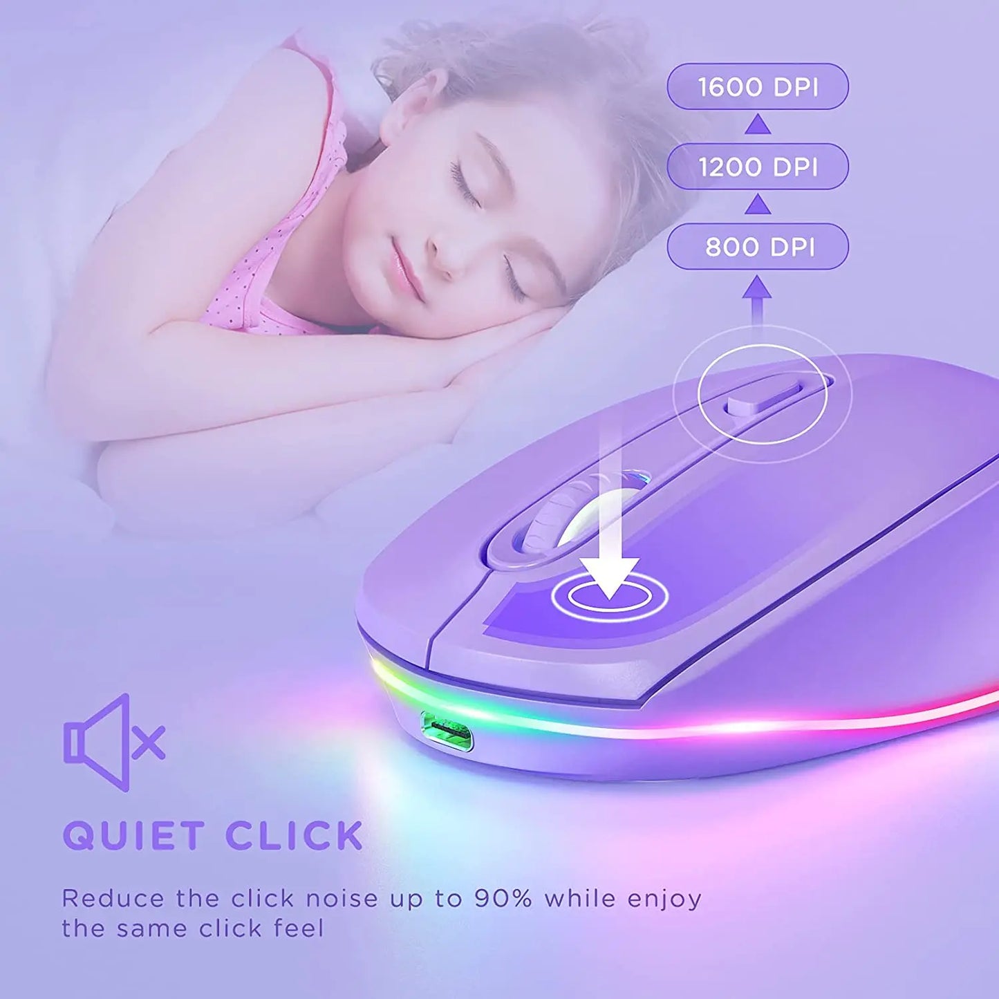 BOW Purple Wireless Mouse Rechargeable Mouse for Laptop Small Cordless Mice  Quiet Click LED Rainbow Lights for Computer