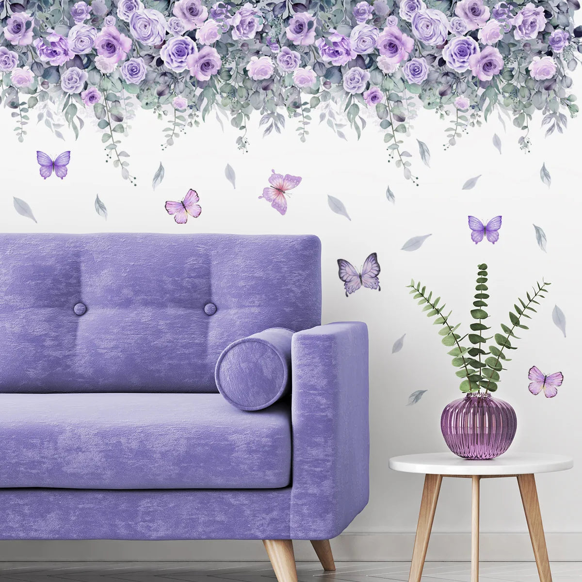 Purple Flowers Plant Wall Sticker for Living Room Bedroom Background Wall Decor Pastoral Wall Decals Girls Room Daughter Room