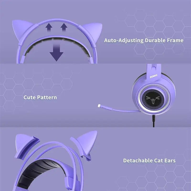 SOMIC G951S Purple Stereo Gaming Headset with Mic for PS4, PS5, Xbox One, PC, Phone, Detachable Cat Ear 3.5MM Noise Reduction