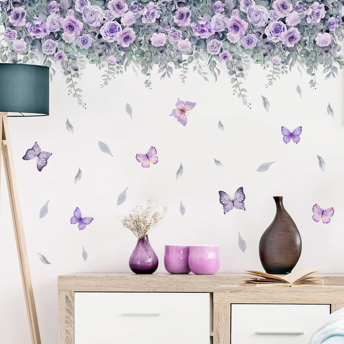 Purple Flowers Plant Wall Sticker for Living Room Bedroom Background Wall Decor Pastoral Wall Decals Girls Room Daughter Room