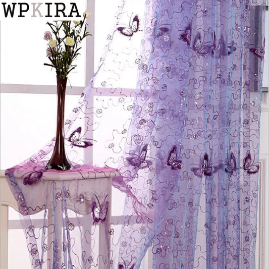 Romantic Modern Embroidered Sequins Butterfly Rustic Sheer Purple Voile Curtains for Living Room Bedroom Kitchen   344&C