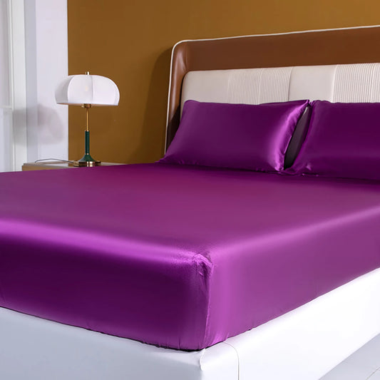 Purple High-End Rayon Satin 4pcs Fitted Sheet Set Silky Solid Color Bed Sheet Elastic Band Sheets Smooth Bedsheet Mattress Cover