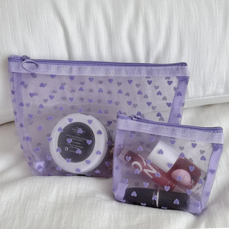 Heart Printed Mesh Make Up Bag Women Cosmetic Storage Bag Travel Organizer Holder Purse Purple Clear Sanitary Napkin Pad Bags